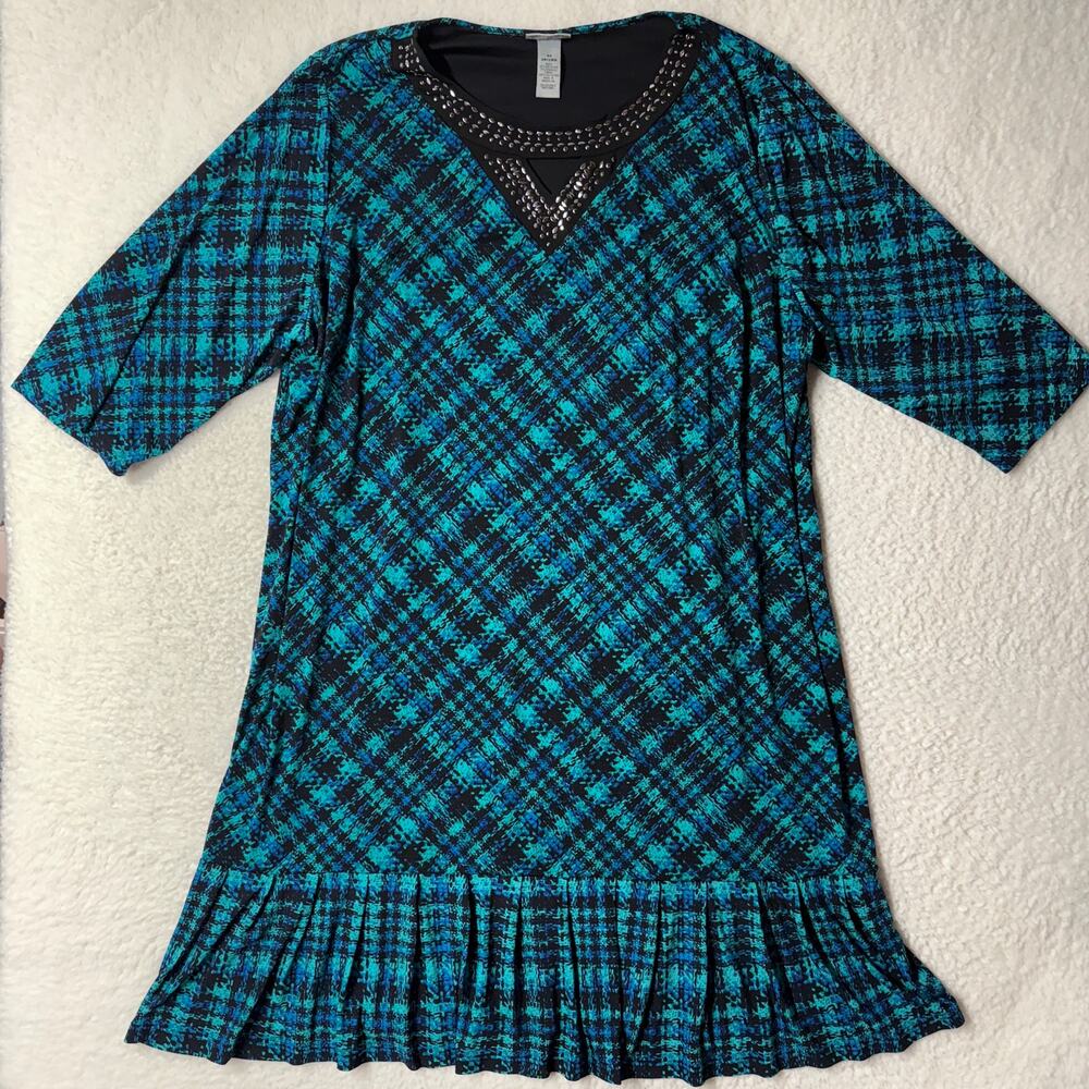 Catherines Dress Womens 3X Plaid Midi Ruffle Hem Shift Rhinestones Office Teal